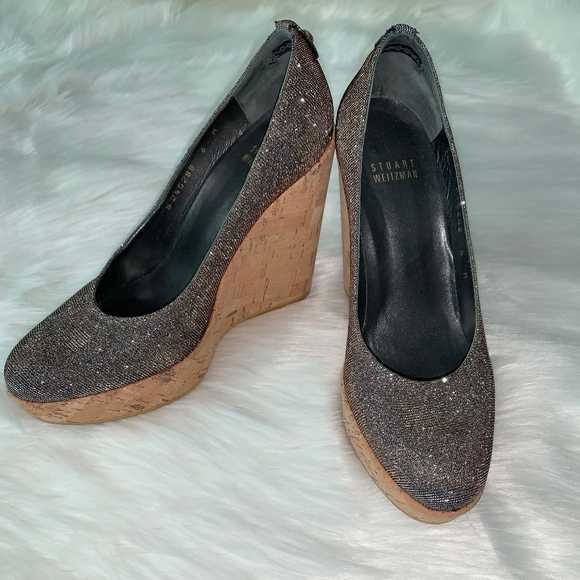 Stuart Weitzman "Corkswoon" Pyrite Cork Wedges Silver and Cork Size 6 with Box - Picture 5 of 11